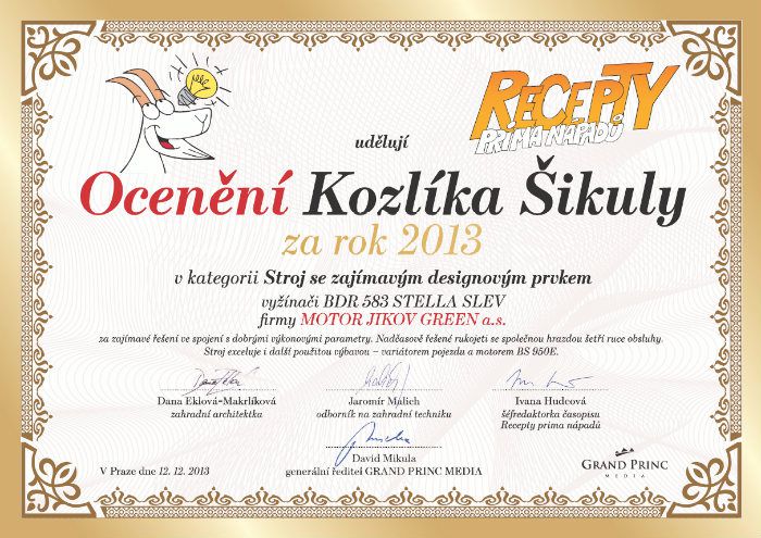 Ocenení Kozlíka Šikuly pro stroj BDR 583 VARIO